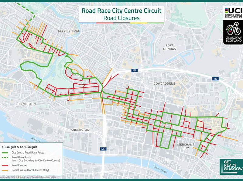 The road closures which will affect Glasgow city centre during the UCI Cycling World Championships Road Race. Road closures on the Road Race City Centre Circuit will be in place from 00.01am on Friday, August 4 until 23.59pm on Tuesday, August 8, and from 00.01am on Saturday, August 12 until 23.59pm on Sunday, August 13.