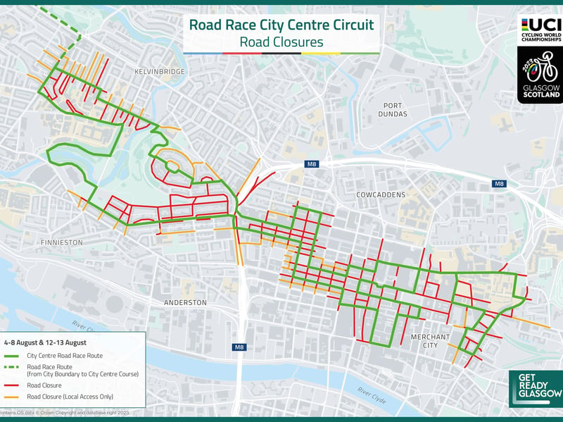 The road closures which will affect Glasgow city centre during the UCI Cycling World Championships Road Race.