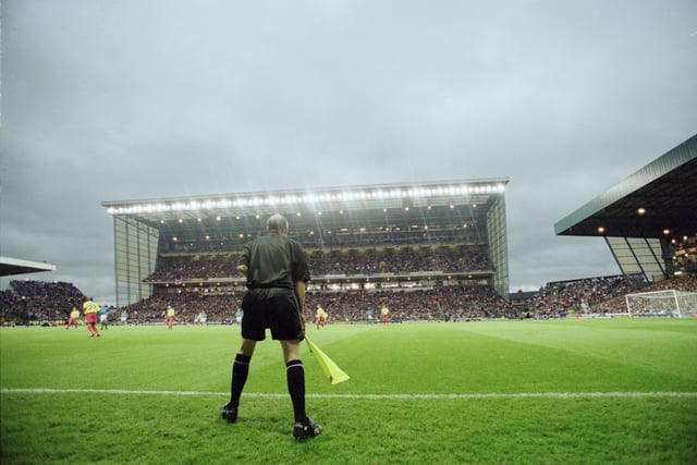 view of Maine Road from behind the linesman during the Nationwide League Division One match between Manchester City and Watford played at Maine Road, in Manchester, England. Manchester City won the match 3-0. \ Mandatory Credit: Laurence Griffiths /Allsport