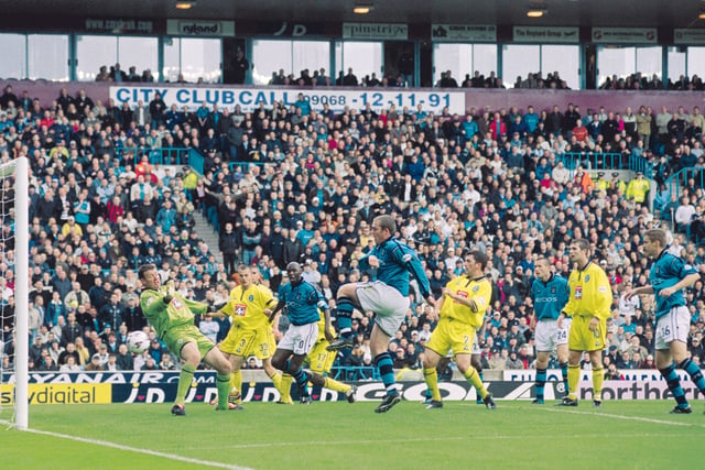 City's Richard Dunne scores during the Nationwide League Division One match between Manchester City and Birmingham City at Maine Road in Manchester, England. Manchester City won 3-0. \ Mandatory Credit: Tom Shaw /Allsport
