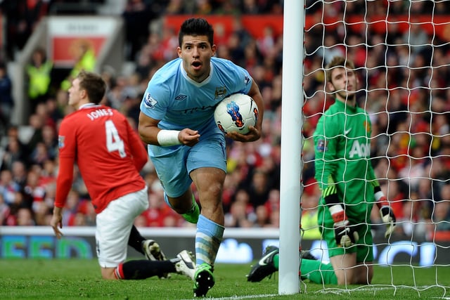 Sergio Aguero of Manchester City celebrates scoring his team's third goal during the Barclays Premier League match between Manchester United and Manchester City at Old Trafford on October 23, 2011 in Manchester, England. (Photo by Laurence Griffiths/Getty Images)