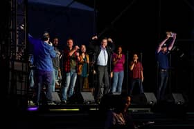 The cast of the Broadway musical “Come From Away” performs the show for free at the Lincoln Memorial in Washington, DC on September 10, 2021. (Photo by Carolyn Van Houten/The Washington Post via Getty Images)