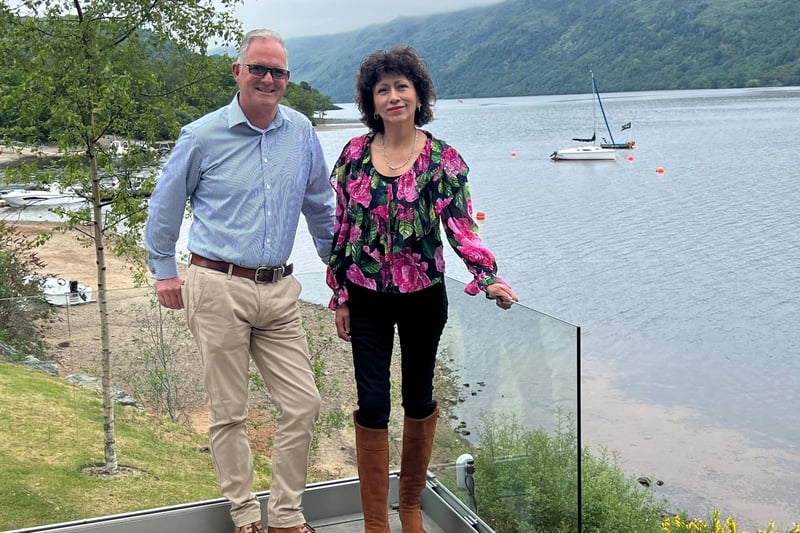 The decking area takes advantage of the spectacular loch front views which can be seen in the background behind General Manager Steven Williams and wife Patty Williams. 
