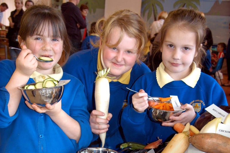 Teigan Fenwick, Danielle Warwick and Billiejo Gray were taking part in a vegetable tasting session at the school 14 years ago.