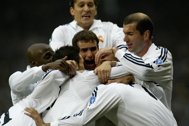 Real Madrid celebrate scoring the opening goal during the UEFA Champions League Final with Raul scoring the opener inside the first ten minutes at Hampden. 