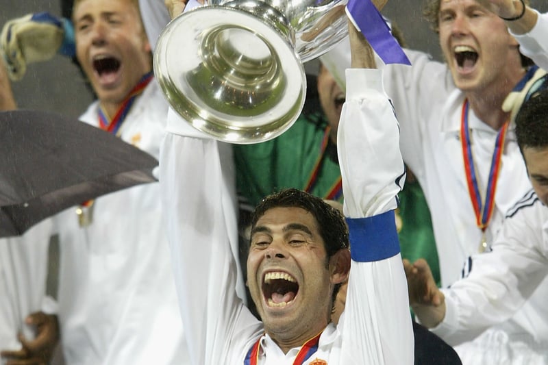 Real Madrid captain Fernando Hierro lifts the trophy after victory at Hampden. It was the eighth time Real had won the competition in their history. 