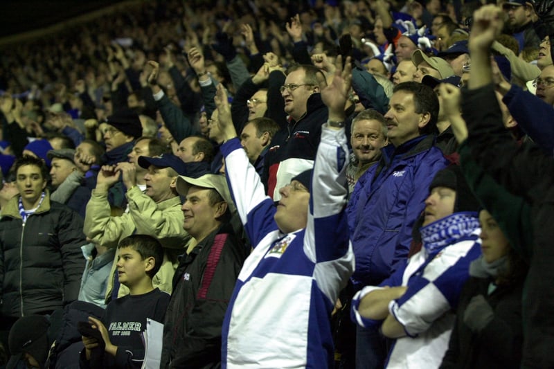 Bristol Rovers fans celebrate beating Derby County in the AXA FA Cup third round in 2002.