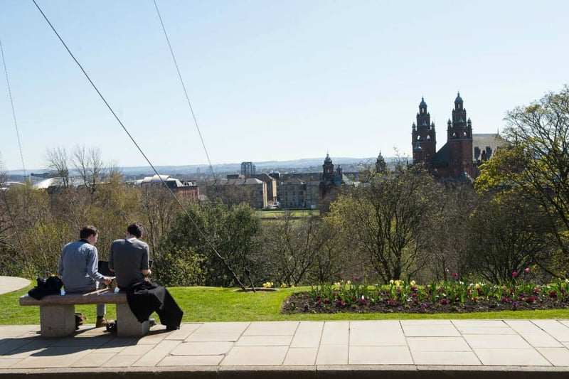 The views over Kelvingrove from the University of Glasgow flagpole is well worth taking in a minute to soak in the sun as it splits through the treeline.