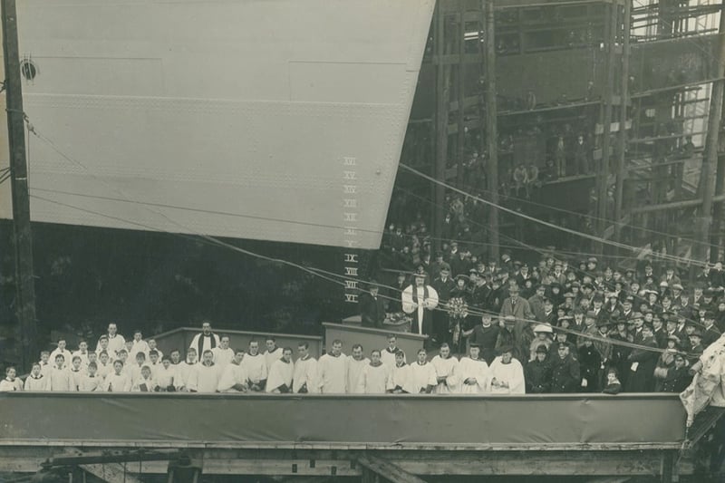 Launch party of the light cruiser HMS Calypso, launched at the Hebburn shipyard of Hawthorn Leslie, 24 January 1917 (TWAM ref. 4923/2).     HMS Calypso was damaged during the 2nd Battle of Heligoland Bight on 17 November 1917. Calypso went on to serve during the Second World War and tragically was sunk by an Italian submarine in June 1940.
