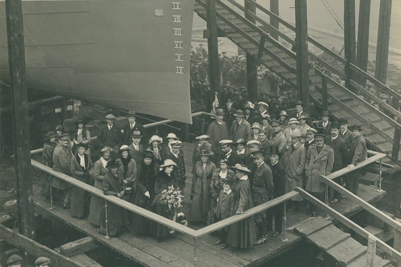 Launch party of HMS Starfish, launched at the Hebburn shipyard of Hawthorn Leslie, 27 September 1916 (TWAM ref. 4923/2). HMS Starfish was an R-class destroyer.