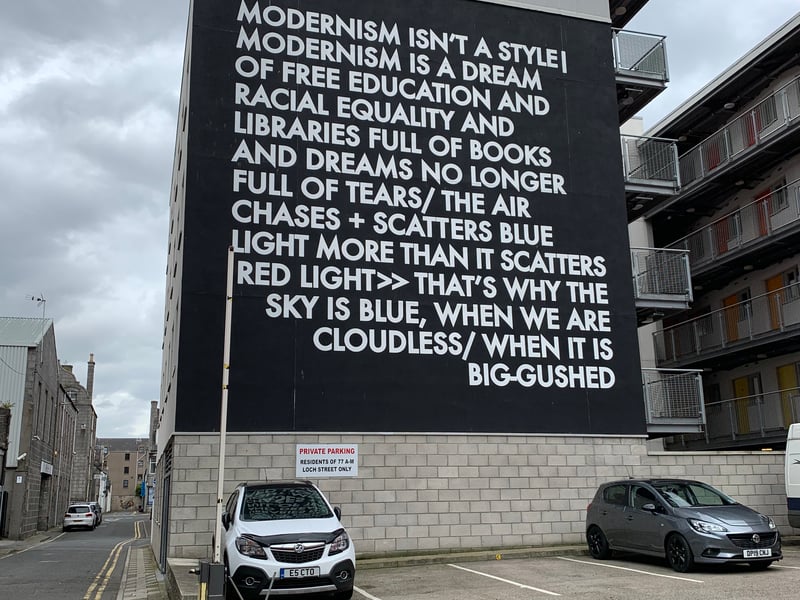 Robert Montgomery’s bold work which was installed as part of Nuart Aberdeen’s first year in 2017. The Scottish artist has been described as a vandal, a street artist, a post-Situationist, a punk artist and the “poet’s Banksy” and his Nuart project was created with former US President Donald Trump in mind.