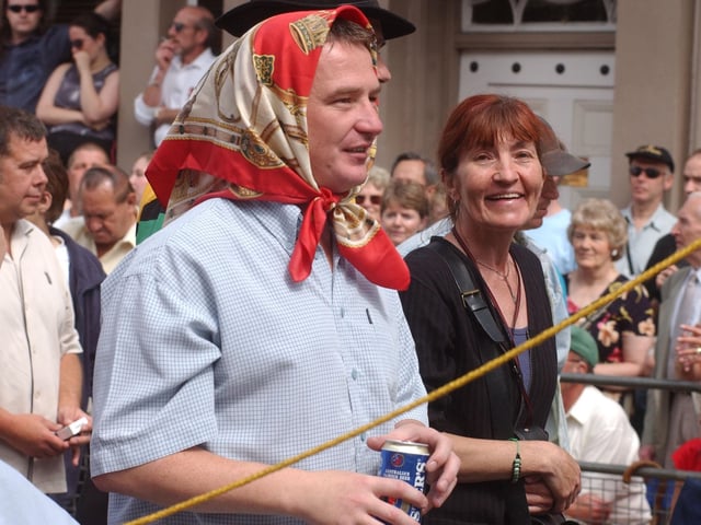 Nifty headwear for a hot day at the 2003 Gala.