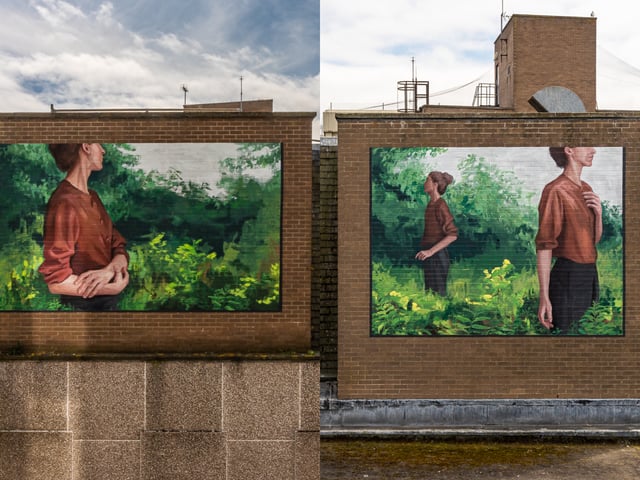 Eloise Gillow's Nuart Aberdeen debut saw her create not one, but two murals. Close to Provost Skene's House, they can be found on Flourmill Lane - if one looks up. With her work, Gillow invites viewers to reflect on themselves and prominently uses body language. 