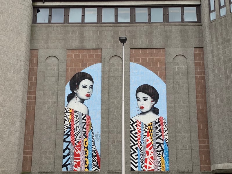 Geordie Hush’s 2019 artwork was a labour of love, taking more than seven days to complete. With pride of place in the city centre, this mural can be found on the side of the former Aberdeen John Lewis building on St Andrew Street. Hush’s unique and eclectic style layers complex textures and colours, and this particular mural also includes a tribute to the lift operator, the Vlad, who helped bring this work to life.