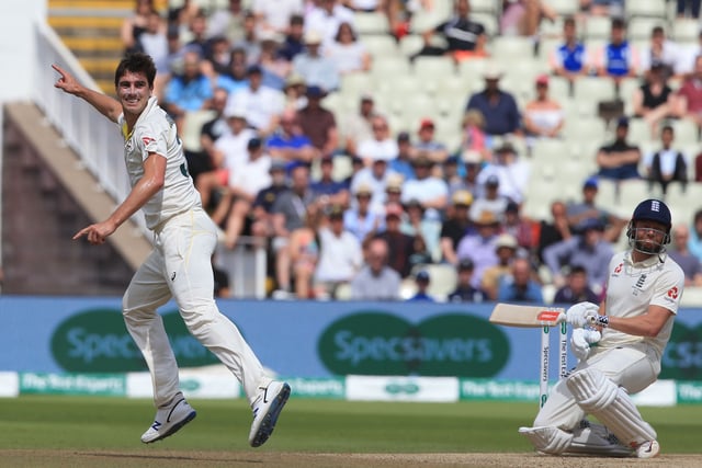 Australia's Pat Cummins (L) appeals having forced England's Jonny Bairstow (R) into gloving a catch to Australia's Cameron Bancroft (not pictured) during play on the fifth day of the first Ashes cricket Test match between England and Australia at Edgbaston in Birmingham, central England on August 5, 2019. (Photo by Lindsey Parnaby / AFP)