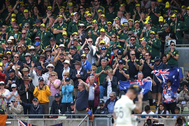 Australia fans celebrate as England batsman Ben Stokes leaves the field after being dismissed during the fifth day of the 1st Test match between England and Australia at Edgbaston on August 05, 2019 in Birmingham, England. (Photo by Stu Forster/Getty Images)