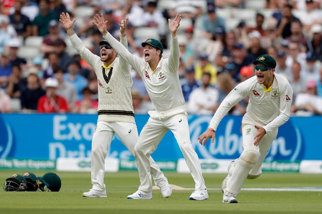 David Warner, Steve Smith and Cameron Bancroft of Australia appeal a wicket during day five of the 1st Specsavers Ashes Test between England and Australia at Edgbaston on August 05, 2019 in Birmingham, England. (Photo by Ryan Pierse/Getty Images)