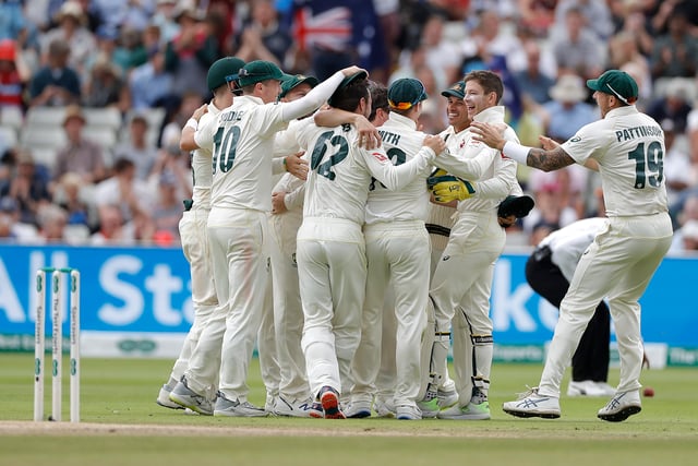 Australia celebrate after claiming victory during day five of the 1st Specsavers Ashes Test between England and Australia at Edgbaston on August 05, 2019 in Birmingham, England. (Photo by Ryan Pierse/Getty Images)