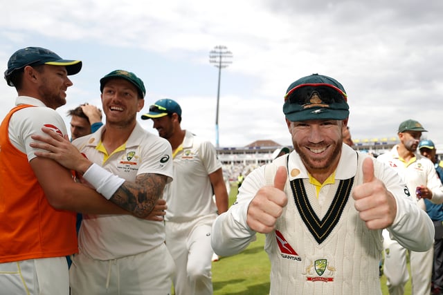 David Warner of Australia celebrates victory during day five of the 1st Specsavers Ashes Test between England and Australia at Edgbaston on August 05, 2019 in Birmingham, England. (Photo by Ryan Pierse/Getty Images)