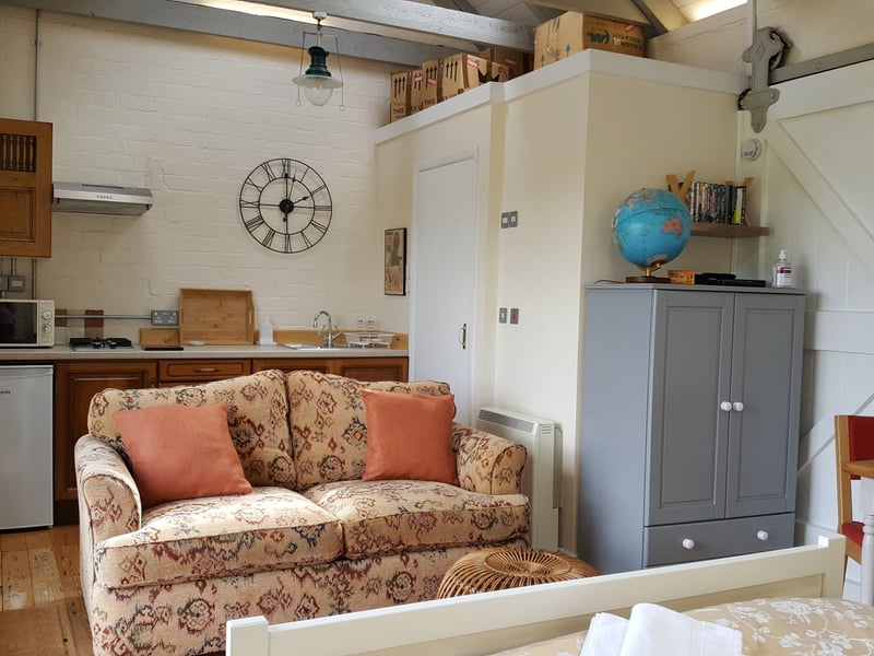 The kitchen inside the renovated coach
