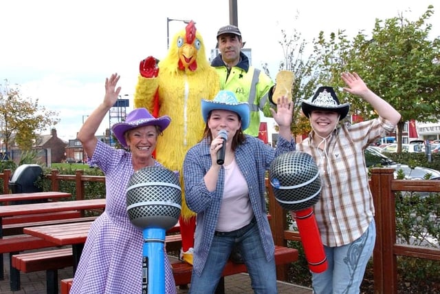 Fundraising fun at McDonald's in 2005.
Lyndsey Day was doing the singing with Karen Foxton dressing as a chicken, Luciano Fella doing car washing, and Cath O'Leary and Stacey Rushworth giving their support.