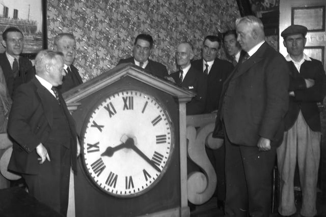 A 1936 view showing Chief Constable John Ruddick, right, receiving the clock from the old stand at Roker Park on behalf of the Unemployed Social Centre in Roker Avenue. 