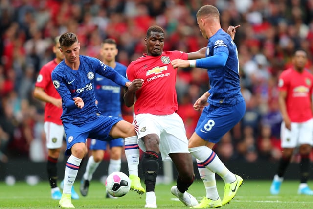 Paul Pogba of Manchester United battles for possession with Mason Mount and Ross Barkley of Chelsea during the Premier League match between Manchester United and Chelsea FC at Old Trafford on August 11, 2019 in Manchester, United Kingdom. (Photo by Julian Finney/Getty Images)
