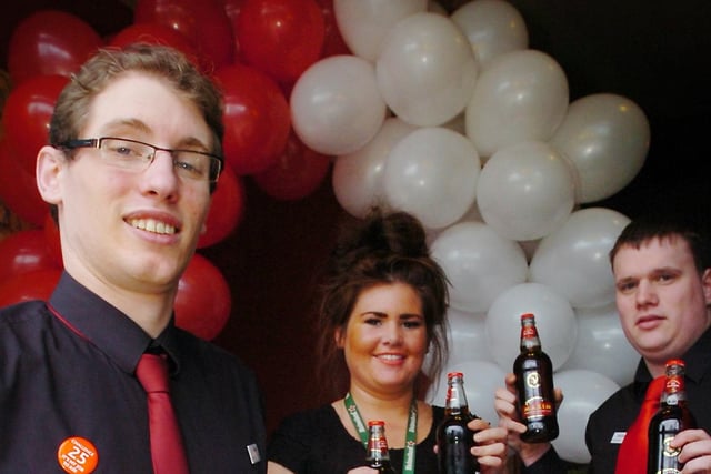 Louise Currie, Richard Fearn and Daniel Purvis preparing for their SAFC themed beer festival at The Lambton Worm in 2013.