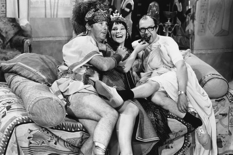 Glenda Jackson dressed as Cleopatra, with Eric Morecambe and Ernie Wise rehearsing a sketch for The Morecambe And Wise Show.   (Photo by Jack Kay/Getty Images)Glenda Jackson dressed as Cleopatra, with British comedians Eric Morecambe (right) and Ernie Wise rehearsing a sketch for their television programme ‘The Morecambe And Wise Show’.   (Photo by Jack Kay/Getty Images)