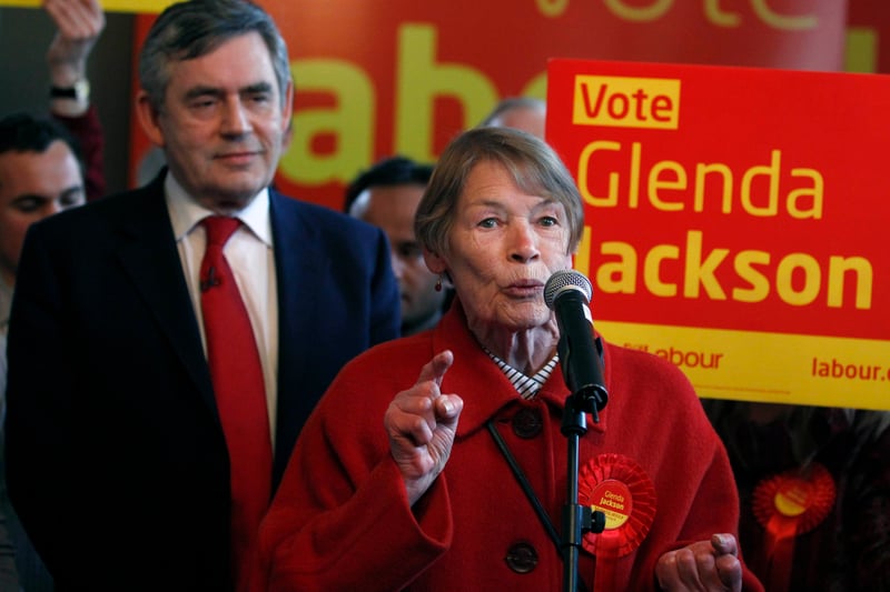 Prime Minister Gordon Brown listens as Glenda Jackson MP speaks during a party meeting in a pub in Kilburn. (Photo by Andrew Winning - WPA Pool/Getty Images)