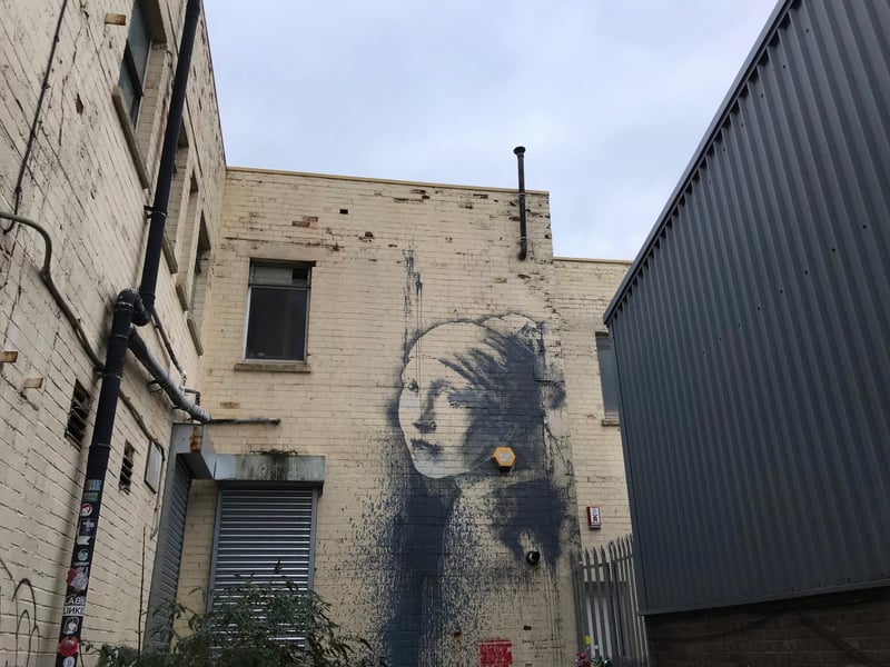 You can find this art on a building at the Albion Dockyard in Hanover Place. It pays tribute to the Dutch painter Johannes Vermeer who created the “Girl with a Pearl Earring” in 1665 (which the Dutch people voted the ‘most beautiful painting’ in 2006.) Unlike the original it's based off of, the pearl earring and earlobe have been replaced with an alarm box.