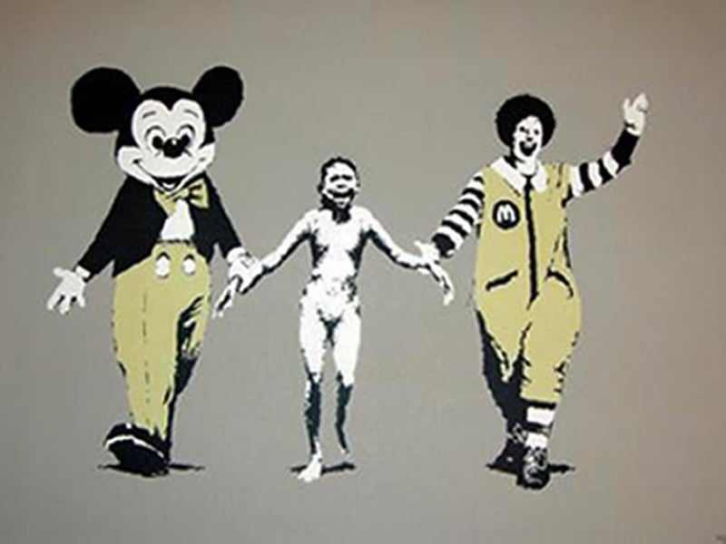The Banksy Explained website writes “Napalm is probably one of the most poignant and striking prints that Banksy created, cementing his position as one of the pioneering political contemporary artists. This artwork is a striking statement against the military-industrialist complex linking warfare with capitalism that Banksy is criticising all along his oeuvre.”