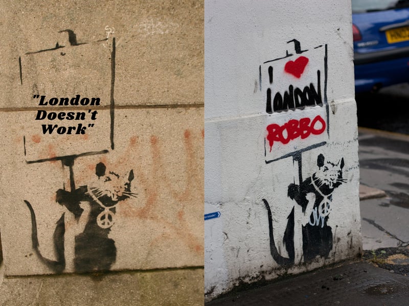 Banksy’s stencilled rat was first seen on Chiswell Street in London holding a sign that read “London Doesn’t Work”. The text was later changed to “I [heart] London Robbo” in reference to a separate graffiti artist, King Robbo, who Banksy allegedly had a “feud” with at the time. A mere decade later, however, King Robbo passed away.