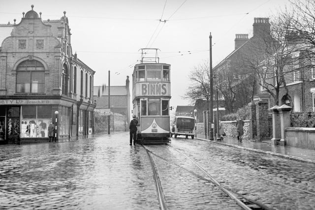 A tram at the Southwick terminus at the end of The Green in 1950.