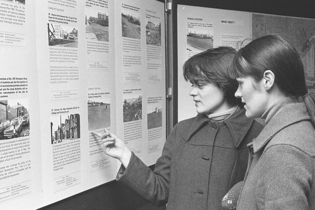 Florence Stoves, left and Ann Stoves looked at an exhibition showing proposals around The Green, in 1979.