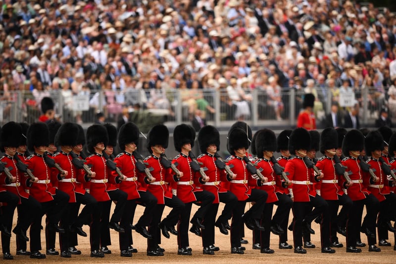 Members of the Welsh Guards perform on Horse Guards Parade for the King’s Birthday Parade. (Photo by DANIEL LEAL/AFP via Getty Images)