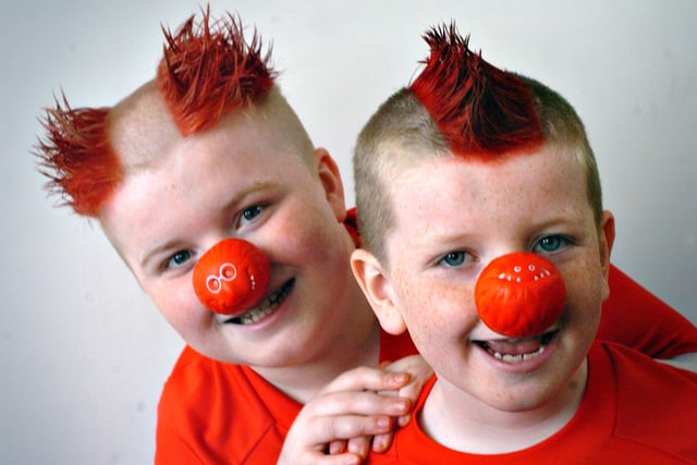 Ben and Robert Johnson let Red Nose Day go to their heads at Shiney Row Primary School in 2011.