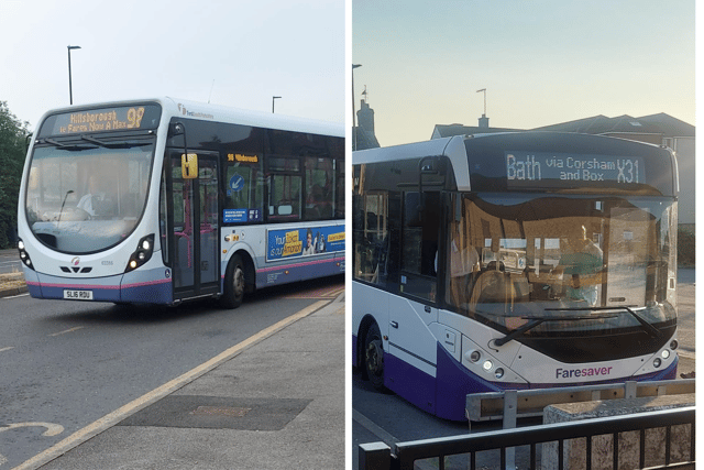 The first and final buses of Peter's journey - the 5.35am 98 service towards Sheffield city centre (left) and the 8pm X31 service to Bath.