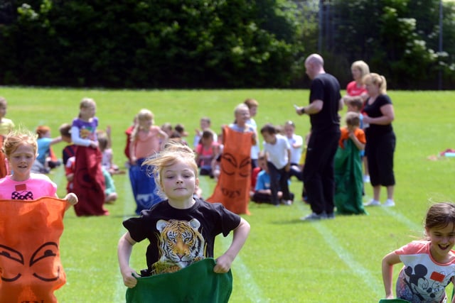 It's the sack race at the Bernard Gilpin Primary School sports day in 2013 - and it looks like it's a close-hopped race.
