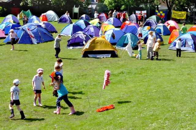 Tent village at Belmont - it's music festival day for the children of Cheveley Park Primary School in 2007.
