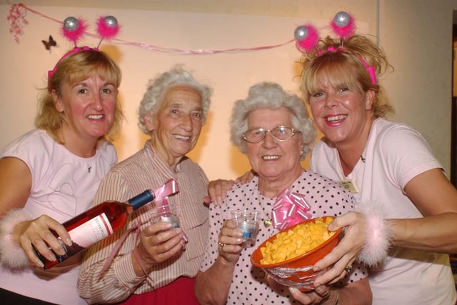 Members of the Nifty 50 club were tucking in to wine and cheese 19 years ago.
Here are Asda staff Pauline Harrison, left, and Tracy Tough, right, with Doris Eaton and Sadie Guy.