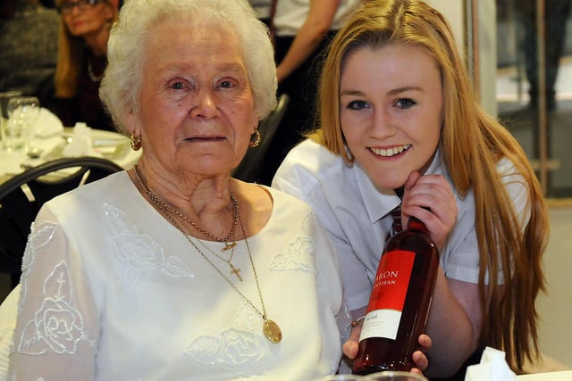 Ethel Donkin was served wine at the Over 60s Valentines meal at Academy 360 in 2016 - and student Chloe Johnstone was providing service with a smile.