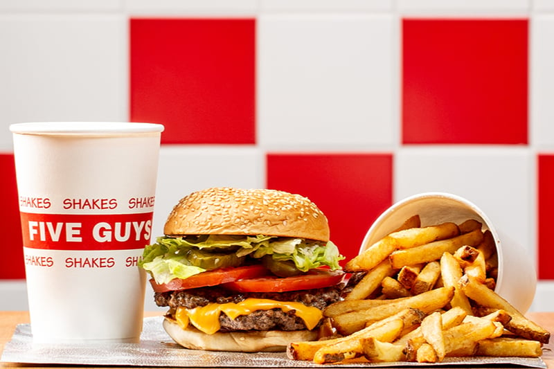 ⭐ Five Guys has a 4.3  rating on Google Reviews from 2k reviews and was handed five stars by the Food Standards Agency in November 2022. 📝 Fast-food chain with made-to-order burgers, fries & hot dogs, plus free peanuts while you wait. 💬 “Great food, good prices, very friendly service and loads of fries.”