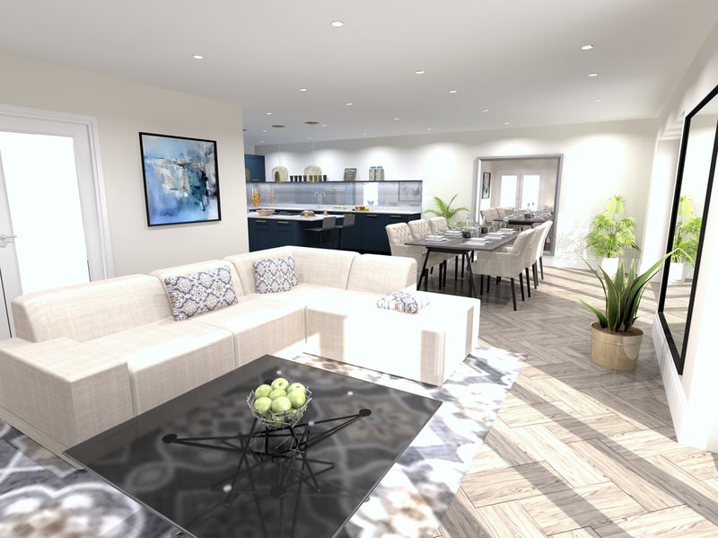 The kitchen, dining room and living room all feature in one open plan space.