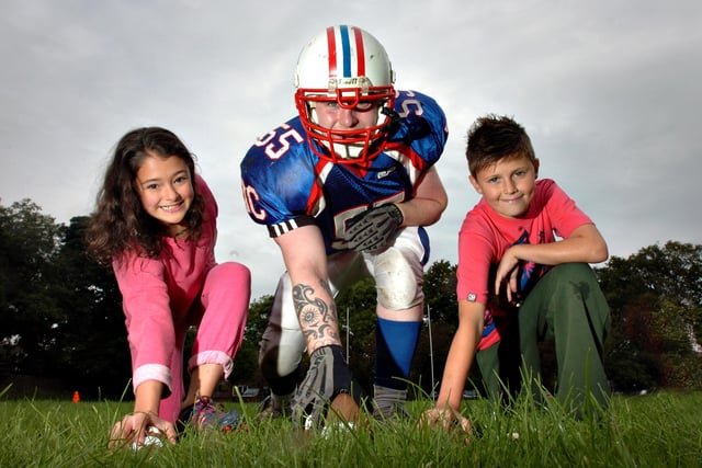Jake Howe from the Durham based DC Presidents American Football team with Lauren Said and Lewis Pitcairn.