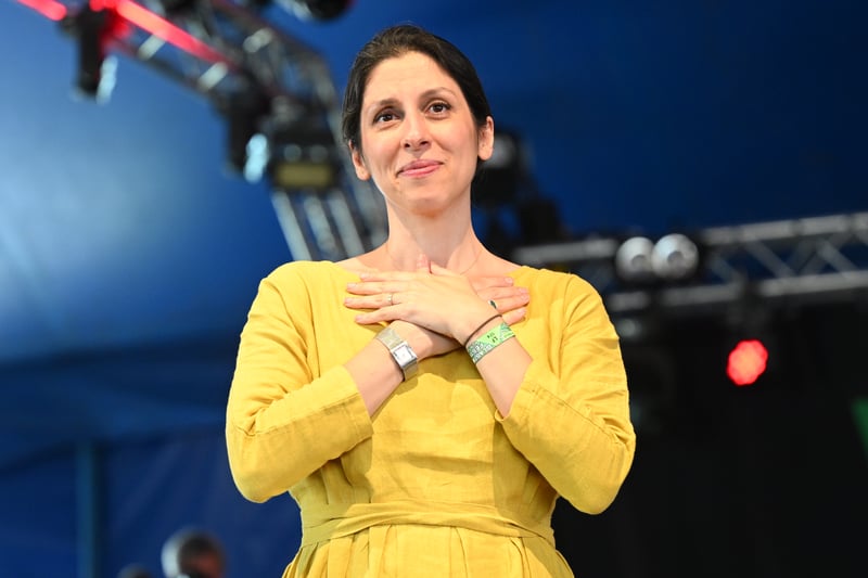 Nazanin Zaghari-Ratcliffe reacts after warm welcome as she joins a panel discussing women's rights and Iran in the left field tent at Day 3 of Glastonbury Festival 2023 on June 23, 2023 in Glastonbury, England. (Photo by Leon Neal/Getty Images)