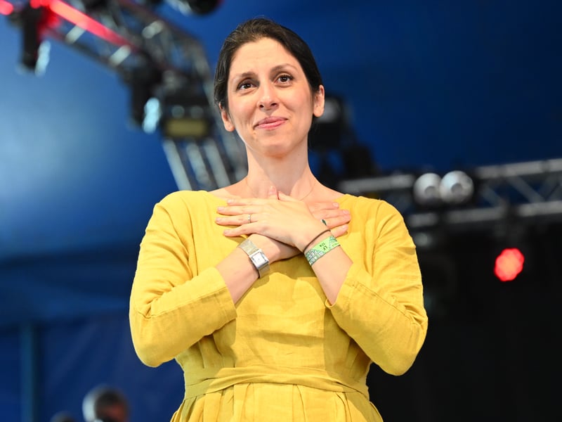Nazanin Zaghari-Ratcliffe reacts after warm welcome as she joins a panel discussing women's rights and Iran in the left field tent at Day 3 of Glastonbury Festival 2023 on June 23, 2023 in Glastonbury, England. (Photo by Leon Neal/Getty Images)