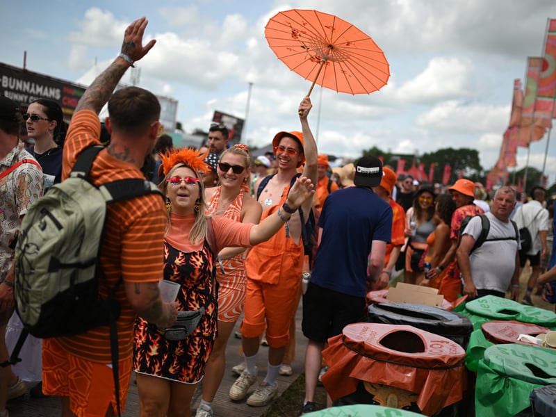 Festivalgoers attend day 3 of the Glastonbury festival in the village of Pilton in Somerset, southwest England, on June 23, 2023. The festival takes place from June 21 to June 26. (Photo by Oli SCARFF / AFP) (Photo by OLI SCARFF/AFP via Getty Images)