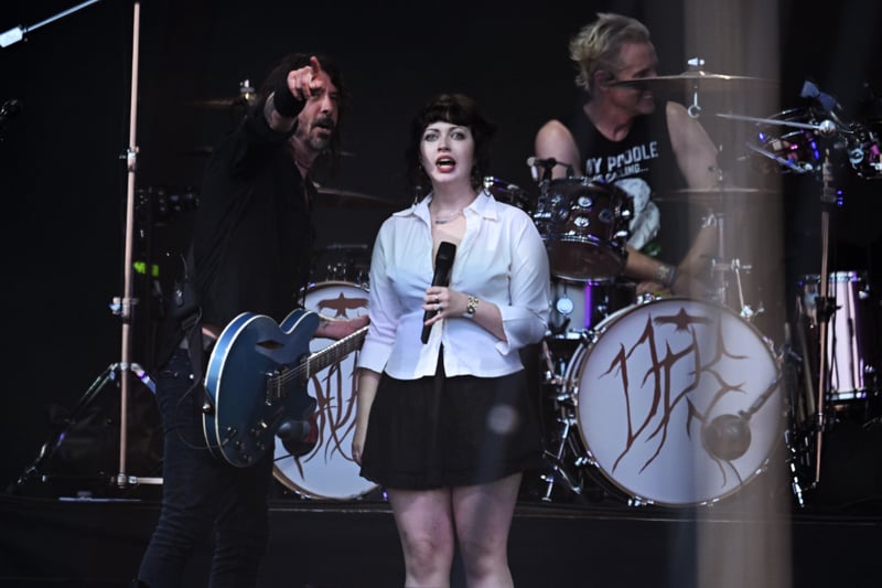 Dave Grohl of Foo Fighters and his daughter Violet Maye Grohl perform as part of the mystery band "The Churnups" on Day 3 of Glastonbury Festival 2023 on June 23, 2023 in Glastonbury, England. (Photo by Leon Neal/Getty Images)