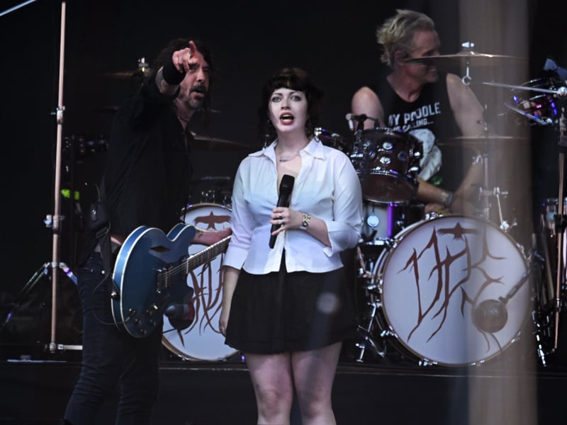 Dave Grohl of Foo Fighters and his daughter Violet Maye Grohl perform as part of the mystery band "The Churnups" on Day 3 of Glastonbury Festival 2023 on June 23, 2023 in Glastonbury, England. (Photo by Leon Neal/Getty Images)